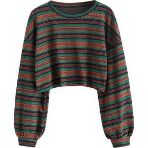 Women's Tribal Ethnic Graphic Cropped Knitwear Bohemian Long Sleeve